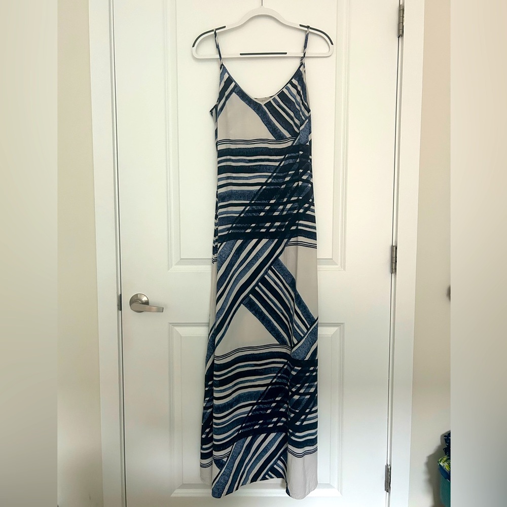 LOFT Beige and Navy Striped Maxi Dress